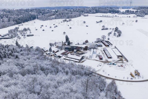 Farmhouse in a vast, snowy winter landscape with forests and fields, Haselstaller Hof, Gechingen, Calw district, Germany