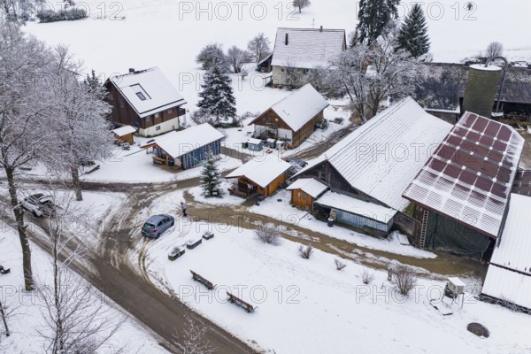 A quiet, snowy rural area with residential buildings and trees, Haselstaller Hof, Gechingen, Calw district, Germany