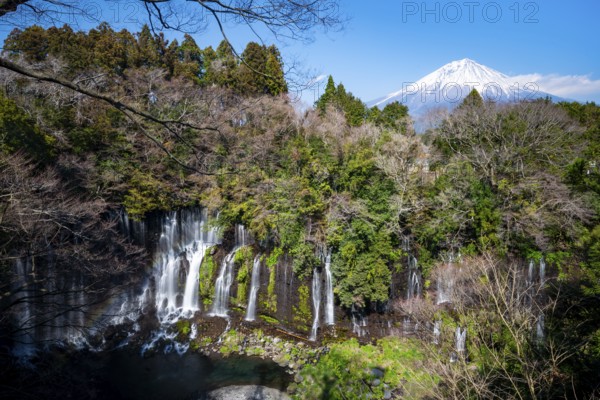Shiraito waterfall and summit of Mount Fuji, Fuji-Hakone-Izu National Park, Yamanashi Prefecture, Japan
