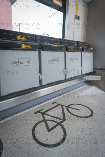 Detailed view of a bicycle parking space in a train compartment with folding seats, battery electric train Siemens Micro Plus B, Hermann, Hesse, Bahn, Weil der Stadt, Böblingen district, Germany