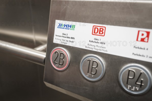 Close-up of track number plates in a modern railway area, battery electric train Siemens Micro Plus B, Hermann, Hesse, Bahn, Weil der Stadt, Böblingen district, Germany