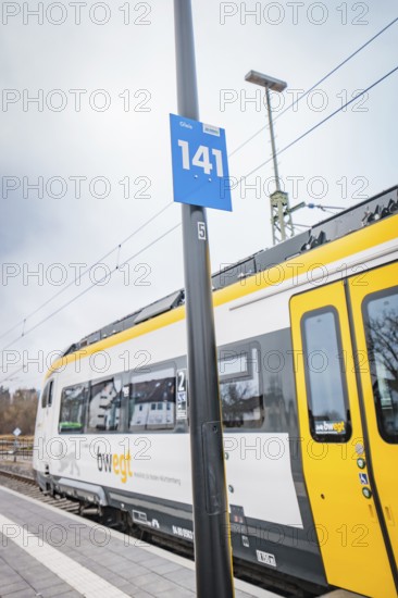Side view of a yellow train with a track sign on the platform, battery electric train Siemens Micro Plus B, Hermann, Hesse, Bahn, Weil der Stadt, Böblingen district, Germany