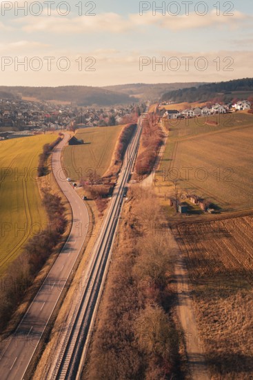 Aerial view of a rural area with railroad, road and village in the background, fire drill on the Hermann-Hesse railway, Ostelsheim, Germany