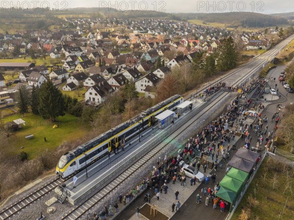 Village event on the arrival of a train, people gather at the platform, opening of the Hermann Hesse Railway, Calw, Germany