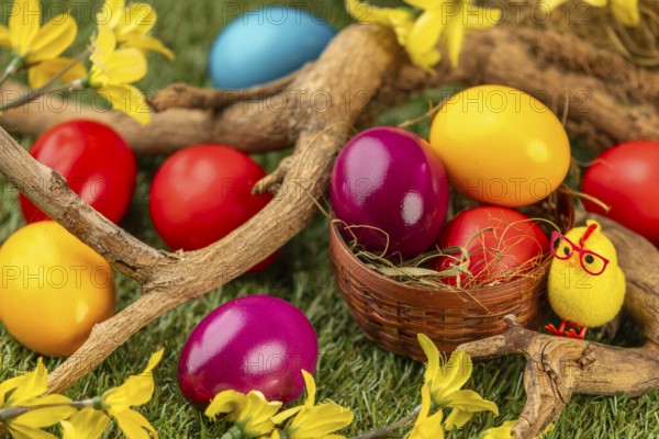 Colourful Easter eggs in and around a small basket, branches and blossoms on grass