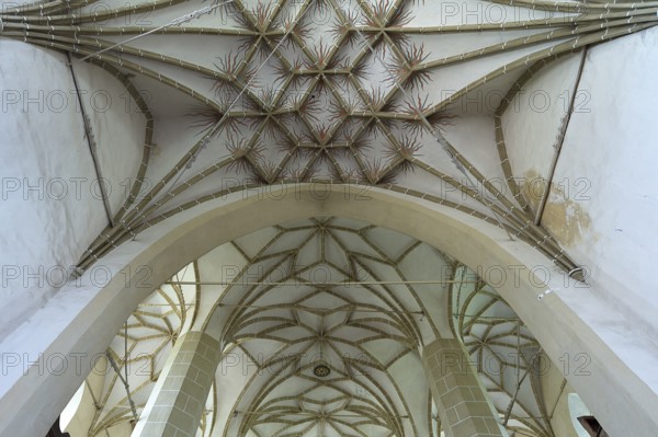 Net vault of the late Gothic three-nave hall church, 15th century, Birthälm fortified church, Biertan, Transylvania, Romania