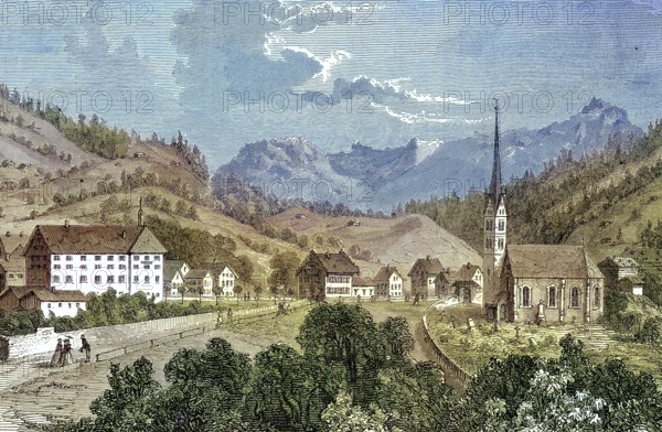 View of Seewis im Prättigau is a municipality in the Davos region in the Swiss canton of Graubünden/view of Seewis im Prättigau is a municipality in the Davos Region in the Swiss Canton of Grisons, historical, digitally restored reproduction of an original original from the 19th century, exact original date unknown, subsequently colored