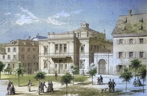 Das Theater Imthurneum in the city of Schaffhausen, Switzerland/the theater Imthurneum in the city of Schaffhausen, Switzerland, historically, digitally restored reproduction of an original model from the 19th century, exact original date unknown, subsequently colored