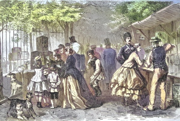 The German bird market in the garden of the stock exchange in Saint Petersburg, Russia/The German bird market at the Stock Exchange garden in Saint Petersburg, Russia, historical, digitally restored reproduction of an original model from the 19th century, exact original date not known, subsequently colored