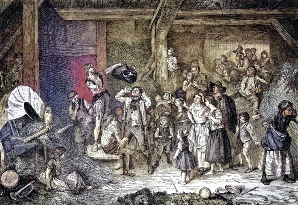 A magician, also known as magician or illusionist, is an artist of performing magic, pocket player, at a demonstration in the barn/A magician, also called magician or illusionist, is an artist of the performing magic art, pocket player, at a demonstration in the barn, historical, digitally restored reproduction of an original original from the 19th century, exact original date not known, subsequently colored