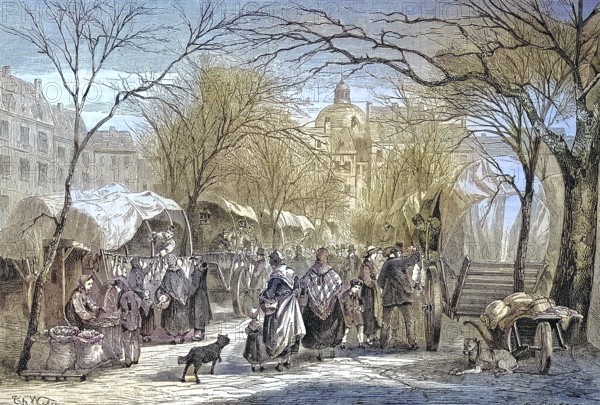 The Gänsemarkt is a public square in Berlin, Germany/Gänsemarkt, Geese brand, is a public square in Berlin, Germany, historical, digitally restored reproduction of an original original from the 19th century, exact original date unknown, subsequently colored