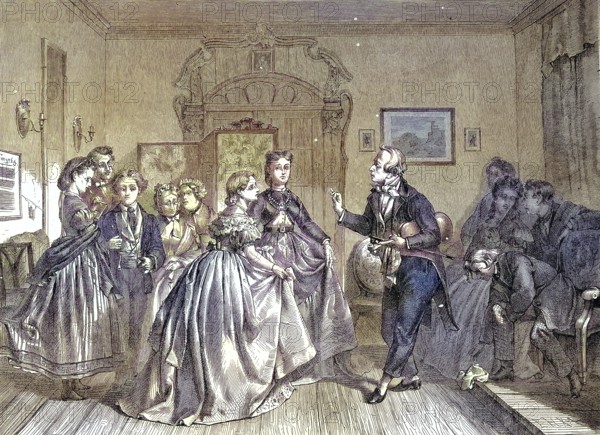 Dance lesson, the young people are taught ballroom dancing by a dance teacher/Dance lesson, the young people are taught by a teacher in ballroom dancing, historical, digitally restored reproduction of an original original from the 19th century, exact original date not known, subsequently colored