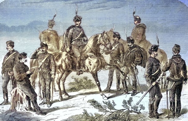 Hussars from Austria and Hungary, Soldiers, Cavalry/Hussar, Hussars from Austria and Hungary, soldiers, cavalry, historical, digitally restored reproduction of an original model from the 19th century, exact original date unknown, subsequently colored