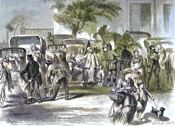 A parking lot for horse-drawn carriages, droshky or droschke, in Berlin, Germany/A car park for horse-drawn carriages, droshky or drosky, Germany, historical, digitally restored reproduction of an original original from the 19th century, exact original date not known, subsequently colored