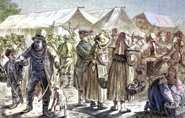 Every year in Mecklenburg, Germany, rural people came to the market to trade/yearly fair in Mecklenburg, country people have come to the market, trade, historical, digitally restored reproduction of an original original from the 19th century, exact original date not known, colored afterwards