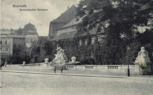 Historical postcard around 1910, Wittelsbacher Brunnen in Bayreuth, Upper Franconia, Bavaria, Germany, digital reproduction of a historic postcard, public domain, from that time, exact date unknown