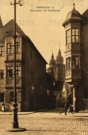 Historical postcard around 1900, Bayreuth, Brautgasse with city church, Upper Franconia, Bavaria, Germany, digital reproduction of a historic postcard, public domain, from that time, exact date unknown
