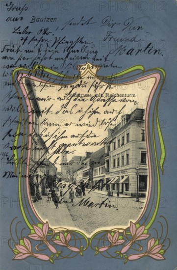 Historical postcard around 1900, Bautzen, Steinstraße and Reichenturm, Saxony, Germany, digital reproduction of a historical postcard, public domain, from that time, exact date unknown