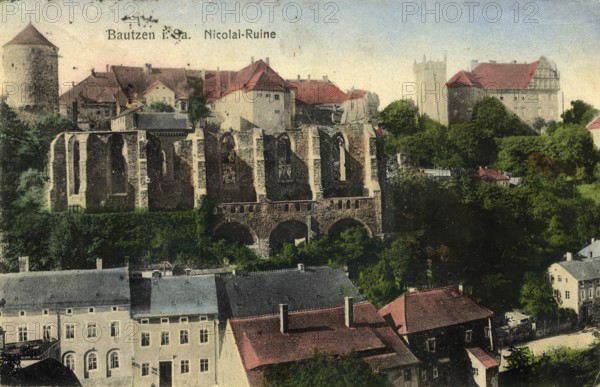 Historical postcard around 1900, Bautzen, Nicolai ruins, Saxony, Germany, digital reproduction of a historical postcard, public domain, from that time, exact date unknown