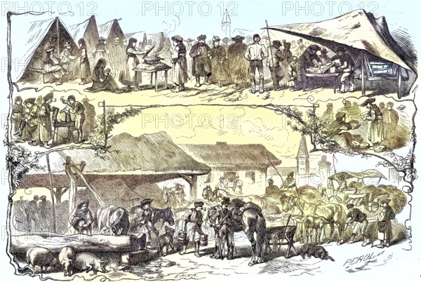 Market day in a village in Puszta, Hungary/Market day in a village in the Puszta, Hungary, historical, digitally restored reproduction of an original model from the 19th century, exact original date not known, subsequently colored