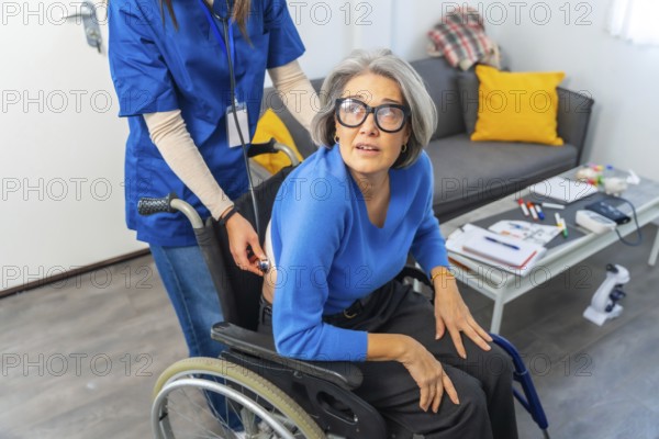 Healthcare professional assisting an elderly woman in a wheelchair, performing a check up with a stethoscope, symbolizing care, support, and medical assistance in a home or nursing home setting