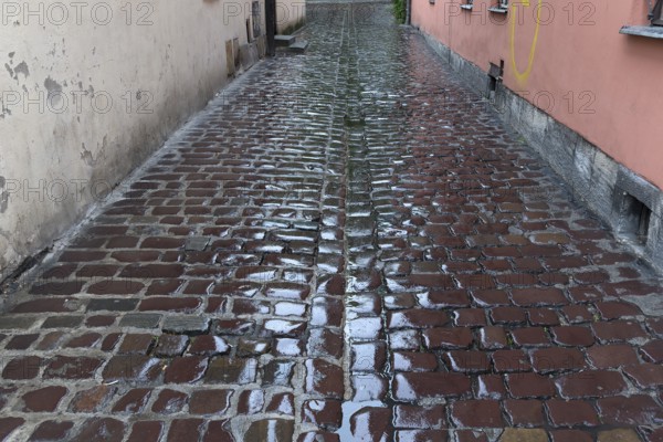 Rain-soaked cobblestones in an alley, Krakow, Poland
