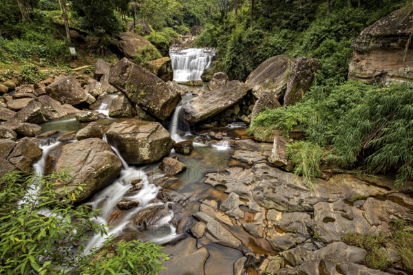 A small body of water flows over rocks in a green, dense forest, waterfall in the mountains of Kandy in Sri Lanka