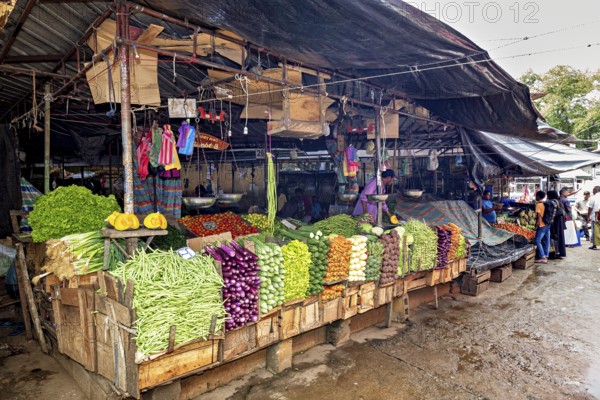 A market with a variety of fresh vegetables, presented in colorful stalls, The old market halls of Kandy in Sri Lanka