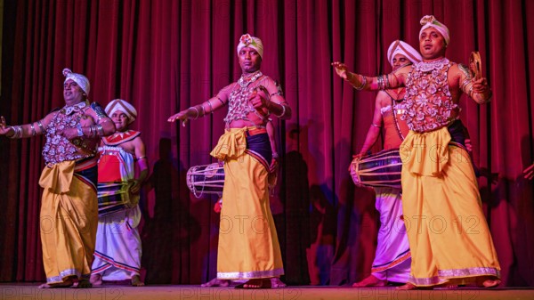 Men in traditional clothing play drums on a stage in front of a red curtain, folklore and dancers from the famous Kandy Dance in Kandy in Sri Lanka