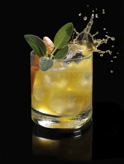 An ice cube cube falls into a tumbler and allows the liquid to splash on, studio shot against a black background