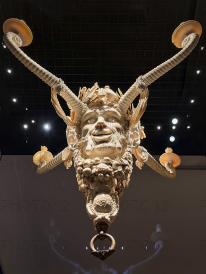 Ivory candle holder with intricate carving of a face, ivory collection, Bavarian National Museum, Munich, Upper Bavaria, Bavaria, Germany