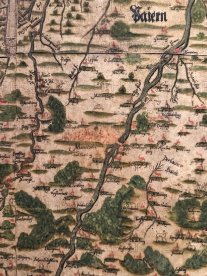 Hand-painted historical map from 1579, Peter Weinher, Bavarian National Museum, Munich, Upper Bavaria, Bavaria, Germany