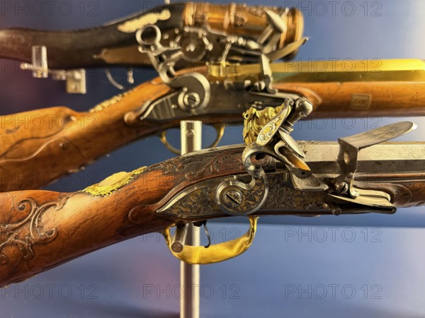 Decorated rifles with wheel lock, Bavarian National Museum, Munich, Bavaria, Germany