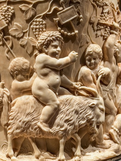 Naked boy riding on a ram, ivory carving, ivory collection, Bavarian National Museum, Munich, Upper Bavaria, Bavaria, Germany