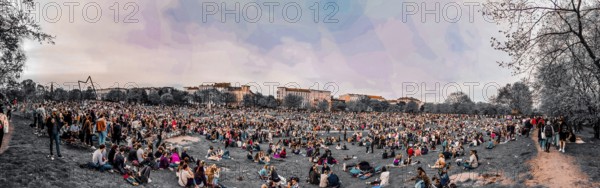 Surreal treatment of a crowd in the park showing an unusual color palette in an urban setting, May 1, public holiday, Labor Day in Görlitzer Park in Berlin, many people sitting relaxing on the meadow under a blue sky, panorama, Berlin
