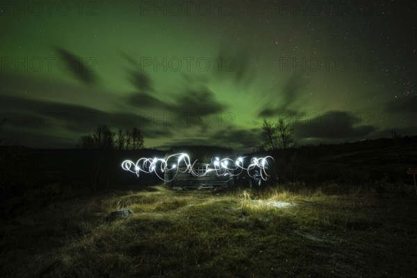 Northern lights, aurora borealis, over lonely log cabin in Dovrefjell-Sunndalsfjella National Park, Norway