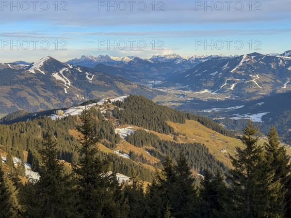 View of Markbachjoch ski area and Brixental with Hoher Salve, hiking to Feldalphorn, Kitzbühel Alps, Tyrol, Austria
