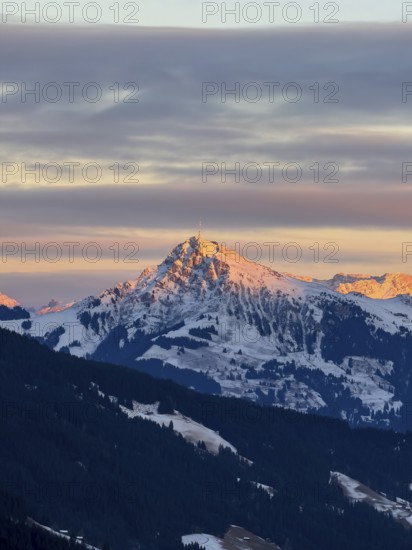 Alpine glow at sunset, Kitzbühler Horn mountain peak in winter, Brixental, Kitzbühel Alps, Tyrol, Austria