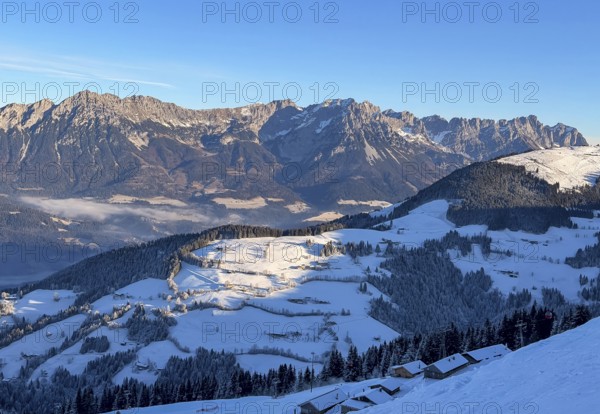 Mountain landscape in winter, rocky mountains of the Wilder Kaiser, Hochsöll, Kitzbühel Alps, Tyrol, Austria