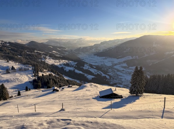 View of snowy valley and mountain landscape in morning light, Hochbrixen, Brixental, Kitzbühel Alps, Tyrol, Austria