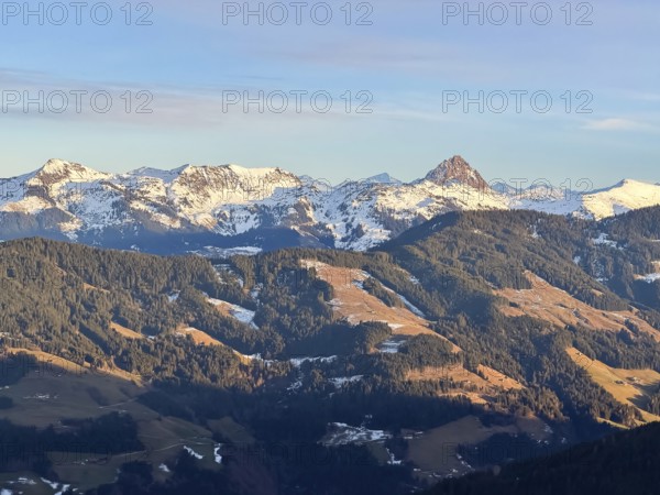 Snowy mountain peaks with Rettenstein summit in evening light, Kelchsau, Kitzbühel Alps, Tyrol, Austria
