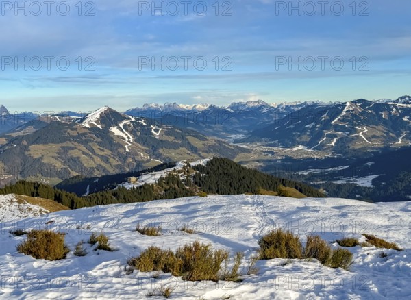 View from Rosskopf summit in winter to Brixental, Kitzbühel Alps, Tyrol, Austria