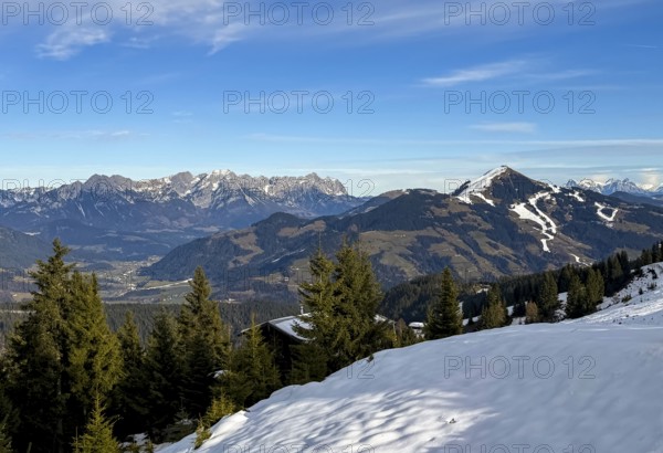 View of Wilden Kaiser and Hohe Salve from Rosskopf summit in winter, Kitzbühel Alps, Tyrol, Austria