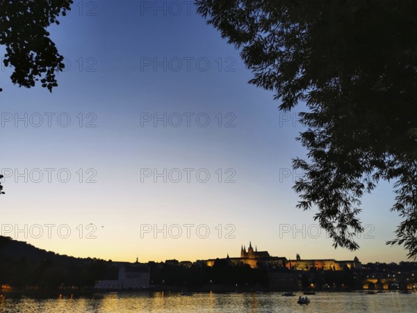 View of Prague's Hradcany, evening river landscape with illuminated city skyline and trees in the foreground, Prague, Czech Republic