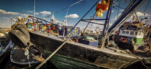 Detailed scene with colorful fishing boats and lively harbor atmosphere when the sun is shining in bright colors, Essaouira, Morocco