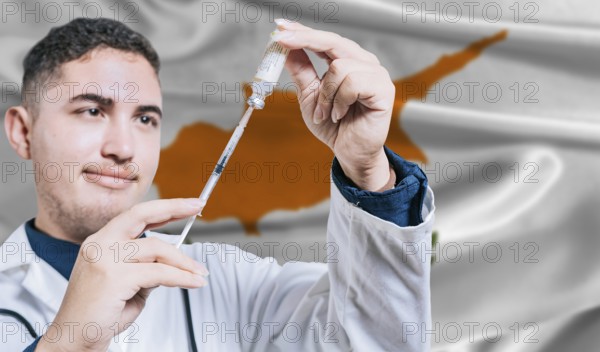 Doctor holding syringe on Cyprus flag background. Medical professional holding syringe with Cyprus flag in the background