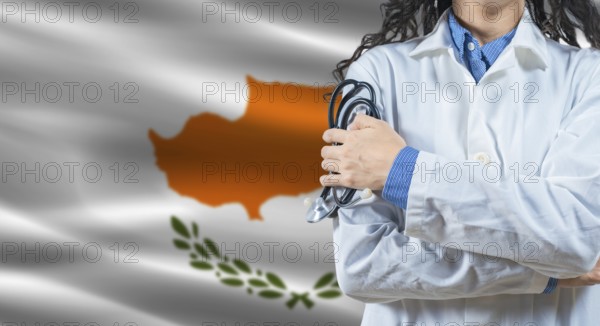 Healthcare professional with Cyprus flag background. Professional doctor holding stethoscope on Cyprus flag background