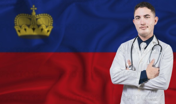 Portrait of medical professional on Liechtenstein flag background. Liechtensteiner national health system