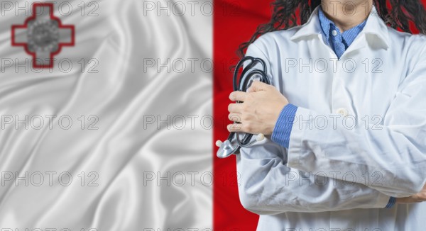 Healthcare professional with Malta flag background. Professional doctor holding stethoscope on Malta flag background