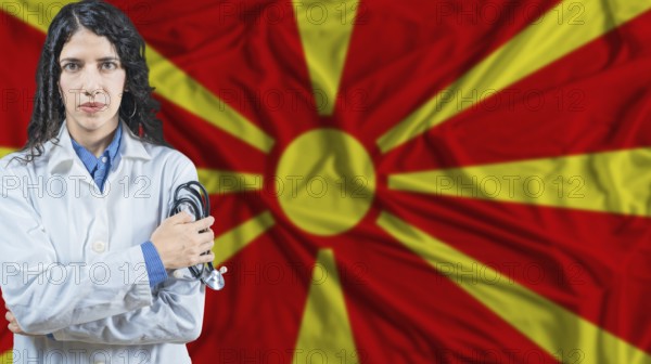Macedonian national health system, Medical professional on North Macedonia flag background
